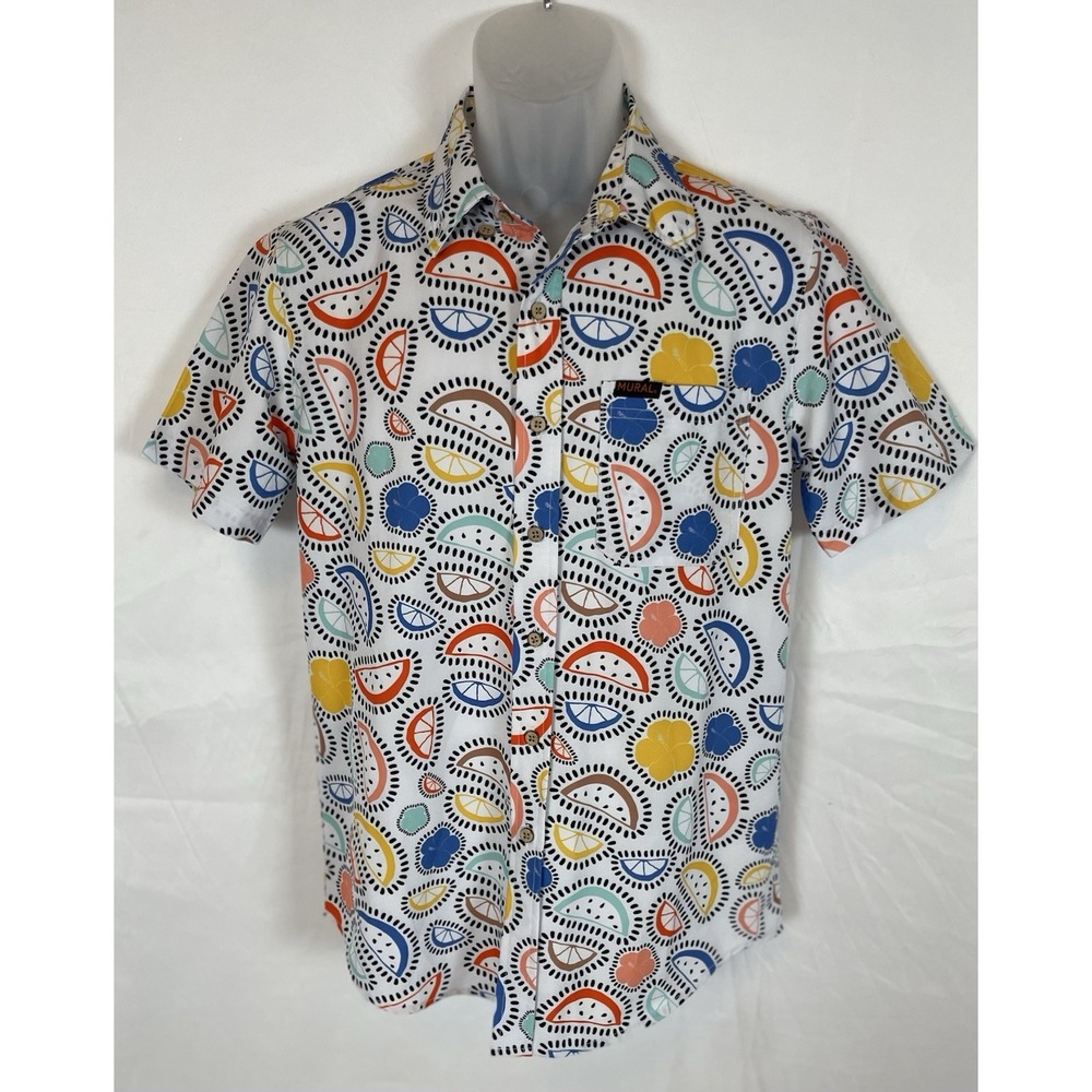 MURAL men's Size S Button‎ Down Short Sleeve Fruit Print Shirt Colorful Stretch